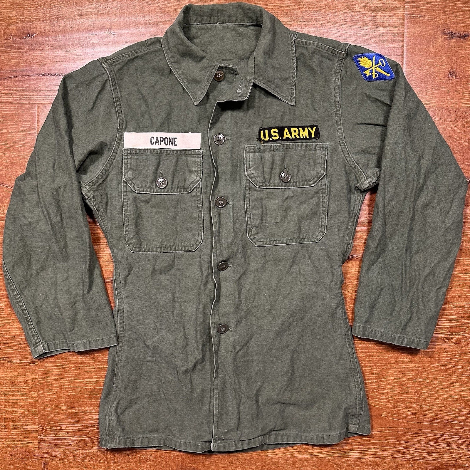 Vintage 60s Us Army Long Sleeve Shirt Mens S Green Cotton Vietnam Sateen Og 107
